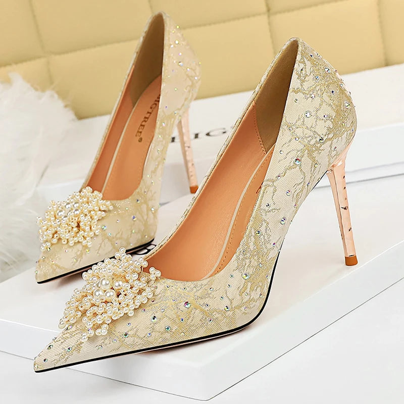 BIGTREE Shoes Pearl Flowers Woman Pumps Rhinestone High Heels 2025 New Luxurious Women Heels Stiletto Large Size Ladies Pumps heels_stiletto