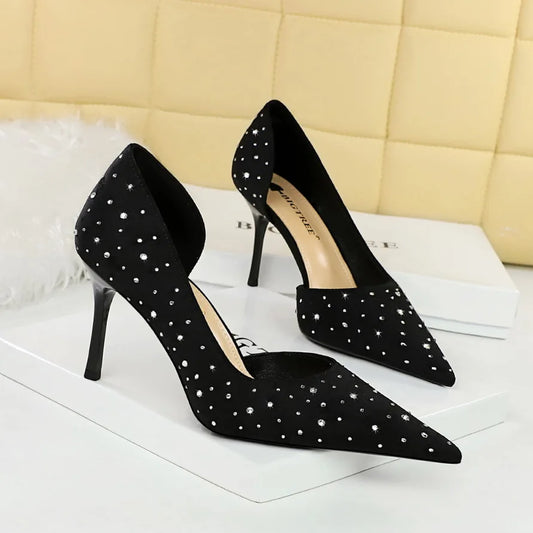2024 Black Rhinestone European Style Women Pumps Pointed Toe Party Wedding Shoes Sexy Stiletto High Heels 8cm PU Satin Rubber heels_bridal