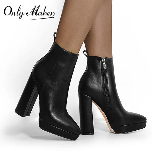 Onlymaker Women Pointed Toe Ankle Boots Black Matte Flock Chunky Heel Platform Booties Party Shoes Large Size Short Boots boots_platform