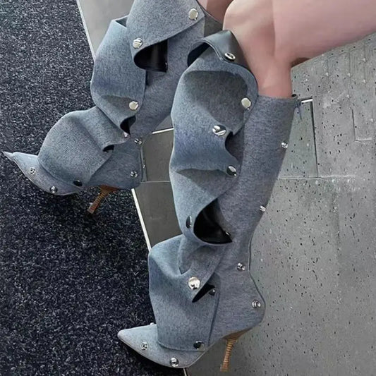 New Arrival Western Botas Alto 7.5CM Thin Heel Studded Decorated Denim Wide Calf Mujer Boots for Women boots_highheel