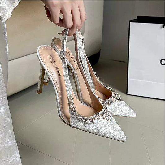 2025 Spring and Summer Pointed Toe Low-Cut Toe Cap Slingback Sandals Women's Stiletto Heel White Beautiful French Rhinestone Classy High Heels heels_bridal