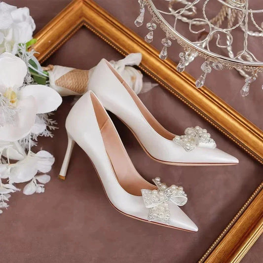 Rimocy Luxury Pearl Bowknot Wedding Pumps Women Sexy Stiletto Heels Party Shoes Woman Silk Pointed Toe Rhonestone Pumps Ladies heels_stiletto