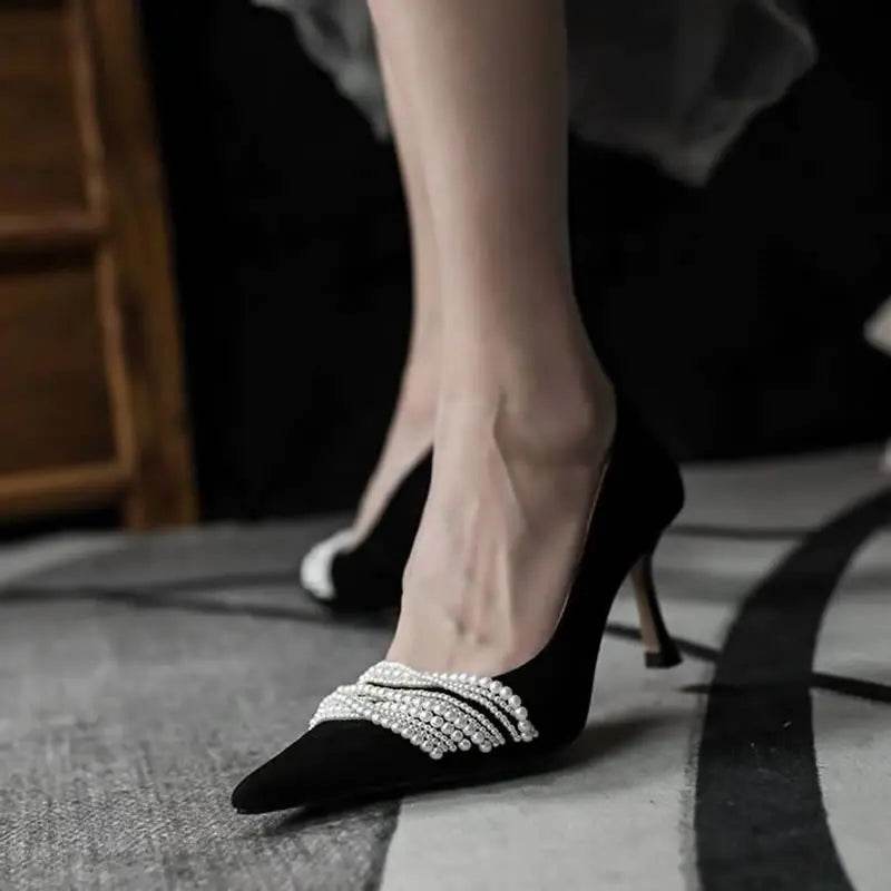 French Single Shoes Women's 2026 Autumn Niche Pearls Shallow Mouth Pointed High Heels Stilettos Fashion All-match Personality heels_stiletto