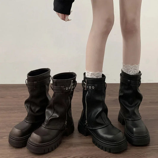 Winter Women Biker Boots Fashion Belt Buckle Ladies Elegant Platform Flats Short Booties Casual Women's Knight Booties boots_platform