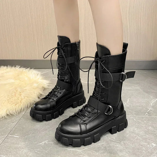 Women Mid-Calf Boots Motorcycle Boots Women's Cosplay High Boots Punk Gothic Black High Heel Shoes Women Long Knight boots_platform
