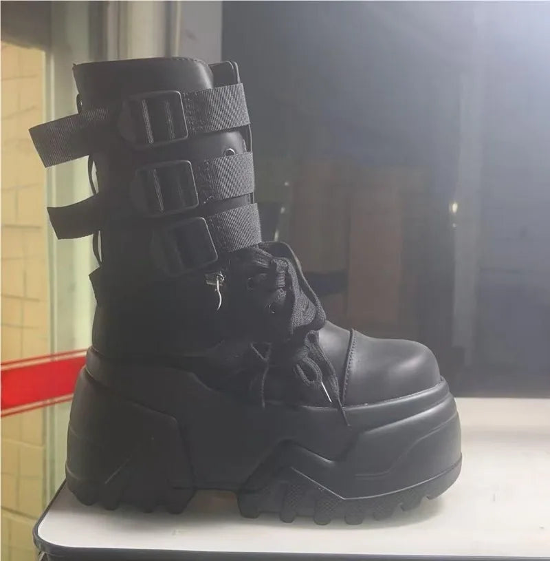 Women Ankle Booties Autumn Leather Chunky Shoes Woman High Platform Breathable Sneakers 9CM Thick Sole Wedges Motorcycles boots_platform