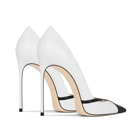 White Matte Leather High Heels Patchwork Pointed Toe Shallow Stilettos Pumps Slip-on Banquet Shoes heels_stiletto