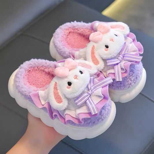 2024 New Winter Children's Cotton Slippers - Cute and Warm Fleece Rabbit Fur Baby's Home Cotton Slippers for Girls kids_shoes
