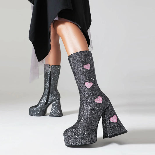 Heart Shaped Sequin Fabric Material Color Block Women's Mid Boots Platform High Shaped Conical Heel Thick Plush Lining Boots boots_platform