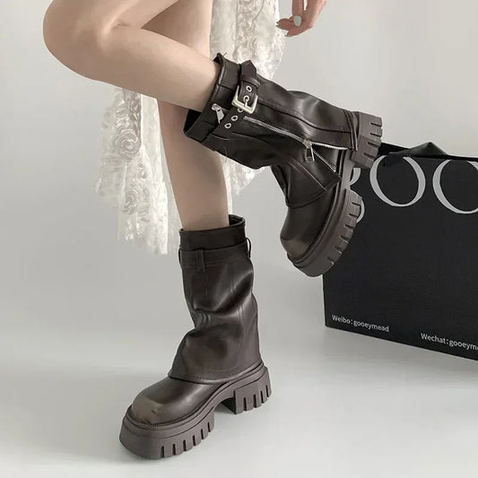 Winter Women Biker Boots Fashion Belt Buckle Ladies Elegant Platform Long Pipe Booties Casual Women's Knee High Booties2025 boots_platform