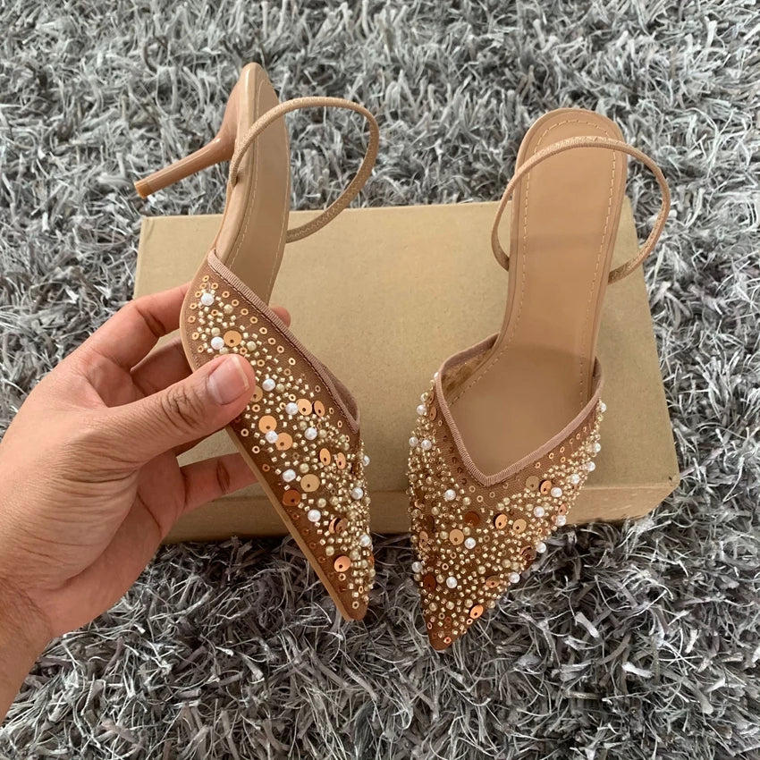 Fashion High Heeled Formal Party Shoes for Lady Luxury Sequin Pearl Stiletto Elengat Mesh Slingbacks Women Modern Sandals heels_stiletto
