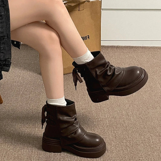 Vintage Platform Height Increase Women Short Boots Autumn Winter Ladies Slip On Mordern Boots botines para mujeres boots_platform