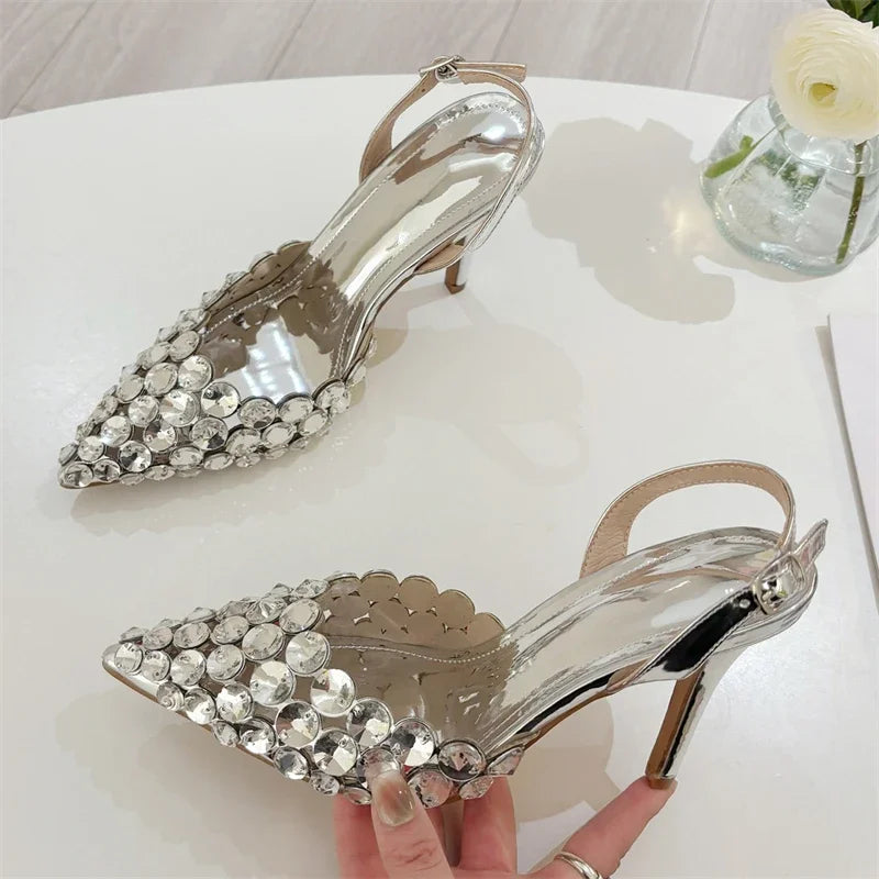 Aneikeh Fashion Stiletto Pumps Summer Silvery Rhinestone Hollow Strap High-heeled Sandals Women Wedding Banquet Shoes heels_stiletto