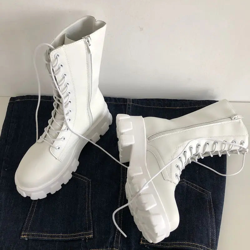 New Mid Calf Boots Women Autumn Winter Fashion Lace-up Ladies Chelsea Zipper Botas Mujer Boots Sports Platform Heel Ladies Shoes boots_platform