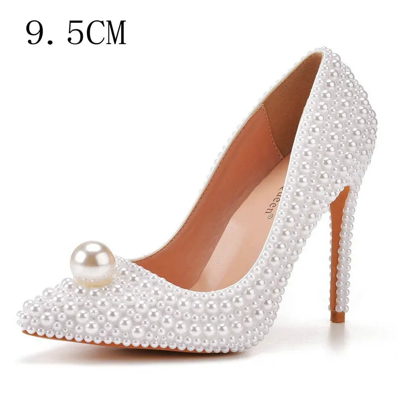 11cm Pearl Wedding Shoes Thin Heel Pointed Single Shoe Large Size Women's Shoes Bride Shoes Dinner Women's Pumps heels_bridal