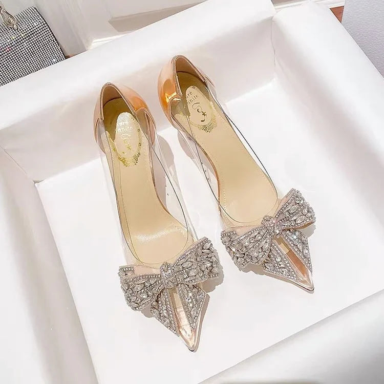 Pointed toe stiletto women's high heels women's shoes fashion women's shoes wedding shoes high heel 8cm transparent bow gemstone heels_stiletto