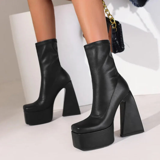 Stretch Punk Style Gothic Chunky Platform Ankle Boots for Women Autumn Winter Shoes Ladies Strange High Heels Boots Booties boots_platform