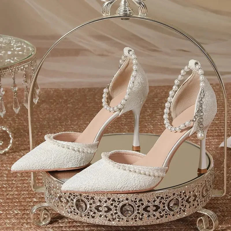 Size 30-44 Pearls Strap High Heels Lace Women White Wedding Shoes Stiletto Heel Point Toe Bride Bridesmaid heels_bridal