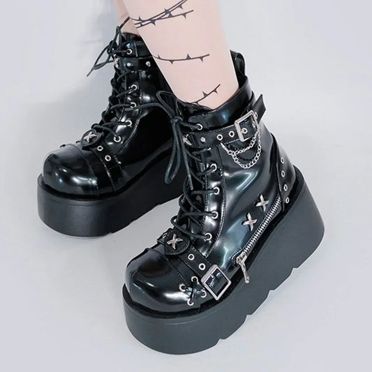 New Gothic Style Platform Vampire Cosplay Women Mid-calf Boots 2024 Winter Wedges Comfy Women Motorcycle Boots Shoes boots_platform