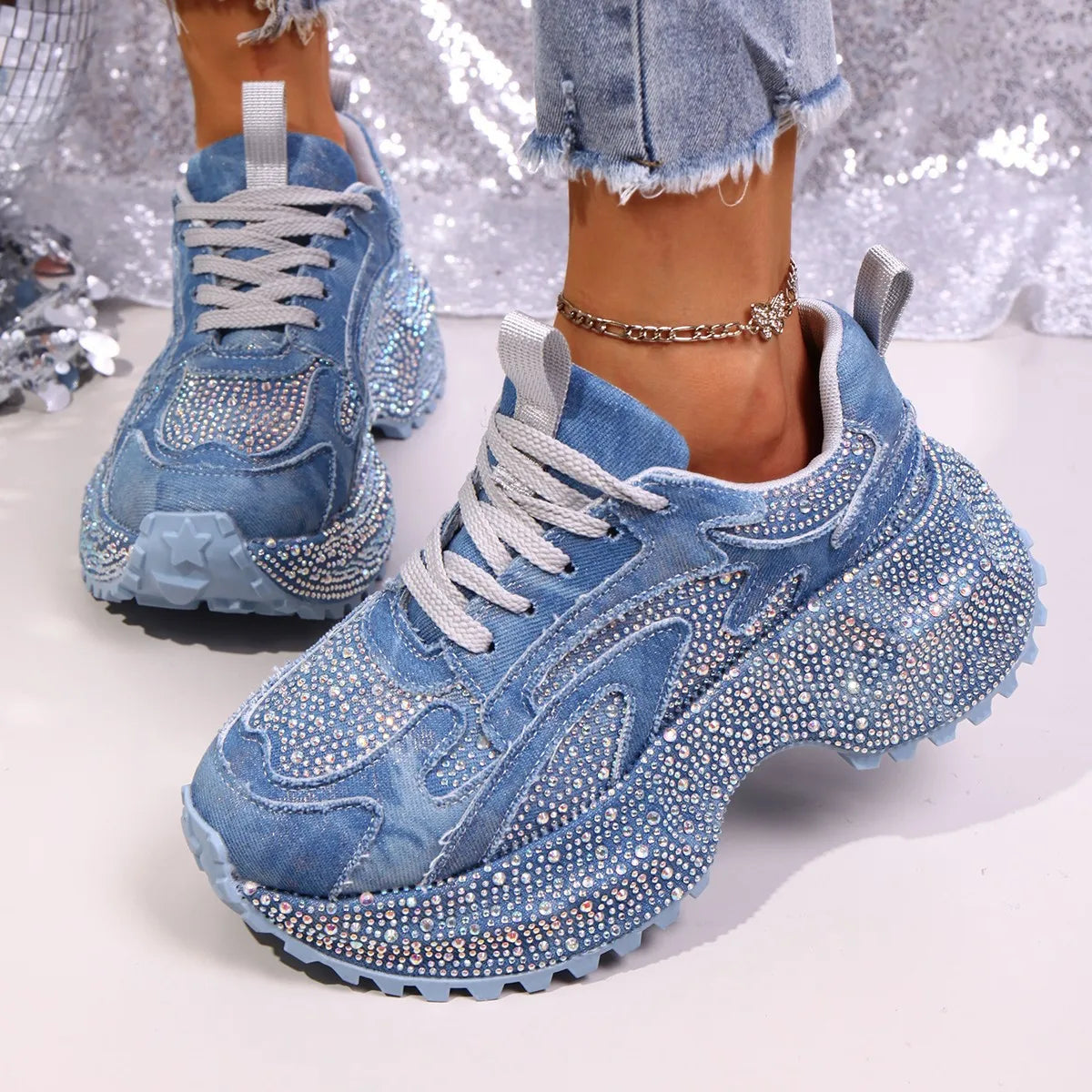 RYAMAG Rhinestone Denim Platform Sneakers for Women Bling Chunky Trainers Lace-up Casual Walking Shoes sneakers_platform sneakers_luxury
