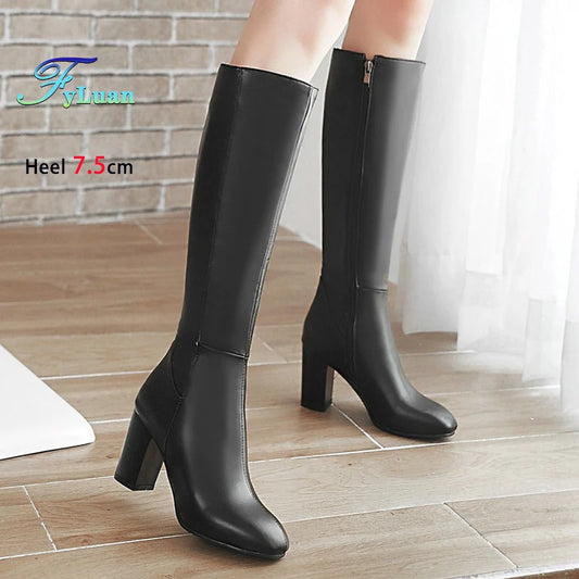 Plus Size 48 Square Toe Knee High Boots Women Side Zipper Winter Warm Long Shoes Comfort Thick Heel 7.5CM Black Leather boots_highheel