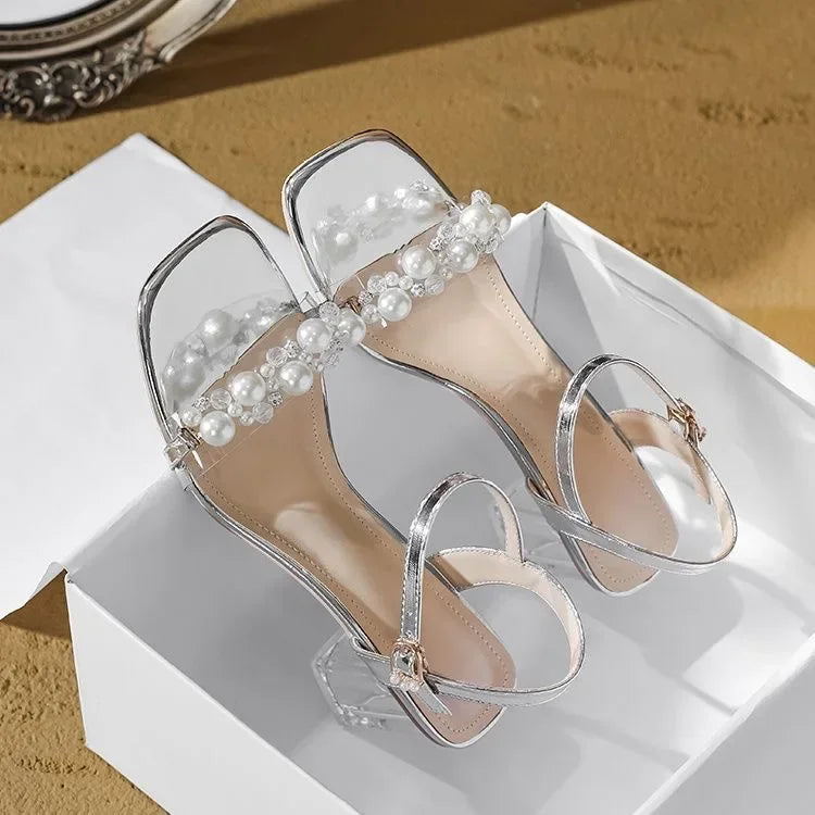 Sexy high-heeled sandals women's summer fashion, pearl accessories, open-toe sandals solid-color outdoor casual high heels