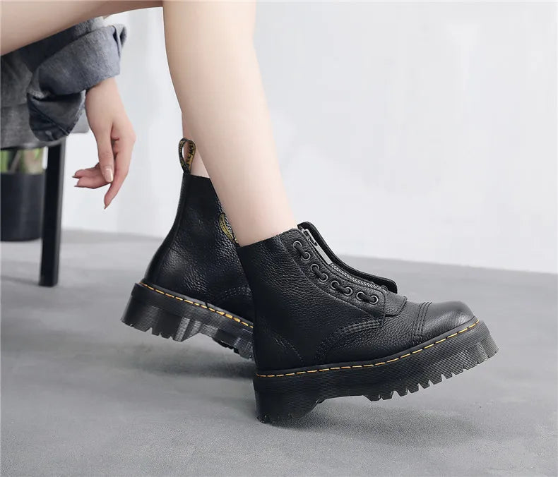 Women Boots Genuine Leather Platform Boots Motorcycle Shoes Front Zipper Optical Soles Fashion Sexy Punk Men Winter Boots 35-44 boots_platform