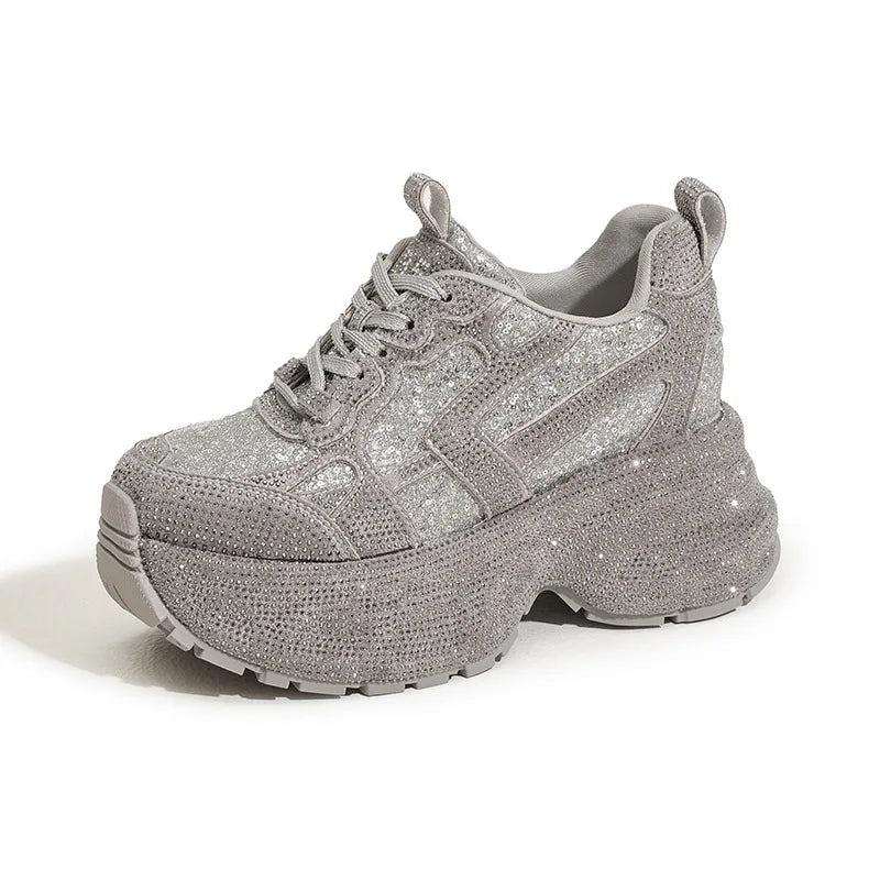 Women's Rhinestone Shoes Autumn Fashionable and Versatile Inner Height Increasing Women's Shoes Thick-soled Casual Sports Shoes sneakers_platform