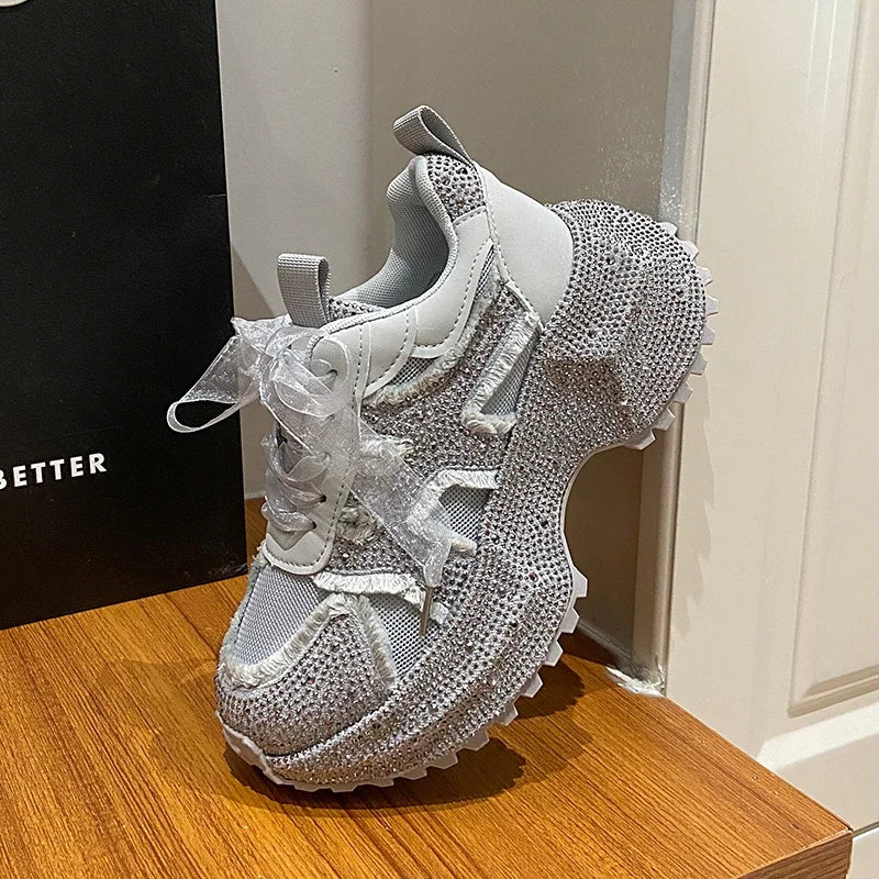 Women Shiny Rhinestones Shoes Four Seasons Casual Sneakers Women Stylish Sport Shoes Lace-Up Platform Luxury Shoes zapatos mujer sneakers_platform