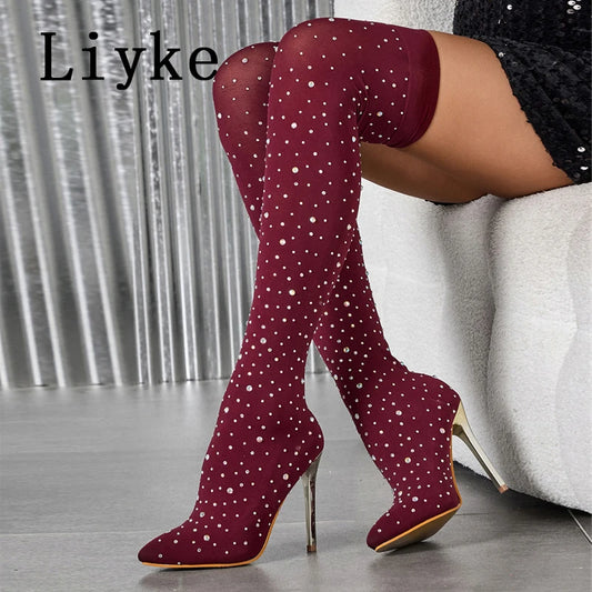 Liyke Sexy Pointed Toe Crystal Rhinestone Stretch Fabric Thigh High Boots Women Thin Heels Over The Knee Socks Shoes Size 35-43 boots_highheel