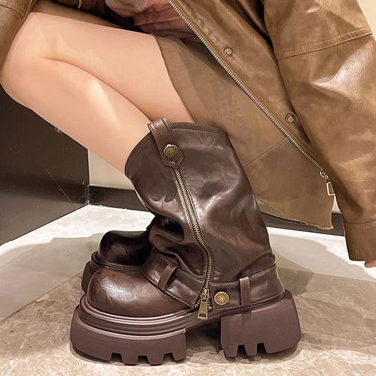 Designer Vintage Women Ankle Boots Fashion Slip On Knight Short Booties Ladies Casaul Platform Heels Botas Mujer boots_platform