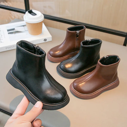 Children Fashion Boots Simple Girls Ankle Boot Black Kids Short Leather Boots Side Zipper Thick Bottom Autumn Winter 2024 New kids_shoes