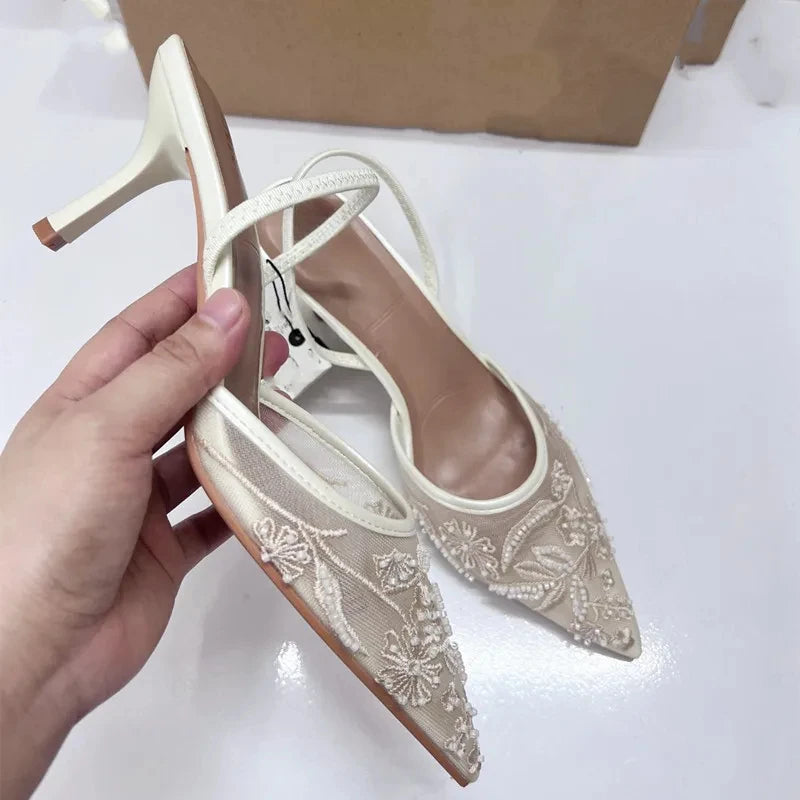 Woman Designer Mesh Open Heel Sandals Shoes Fashion Print Pointed End Women High-heel Pumps Sexy Stiletto Lady Mules heels_stiletto
