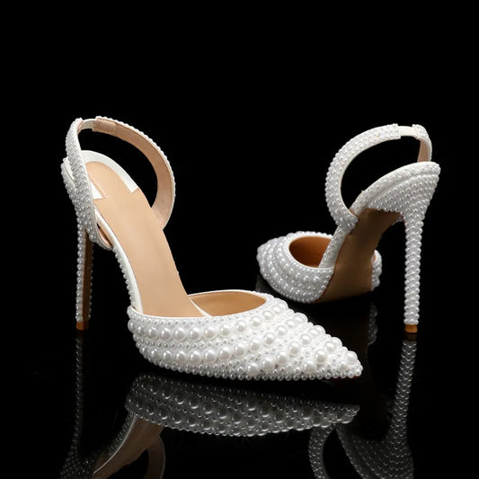Luxury Handmade Full Pearls Wedding Women Pumps Elegant Pointed toe Slingbacks high heels Fashion Summer Party Bridal Shoes heels_bridal