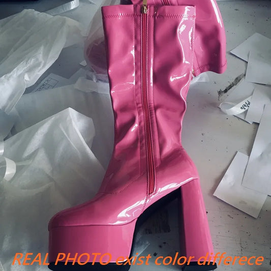 SIMLOVEYO Brand Platform Block High Heels Patent Leather Mid Calf Boots Color Big Size 43 boots_platform