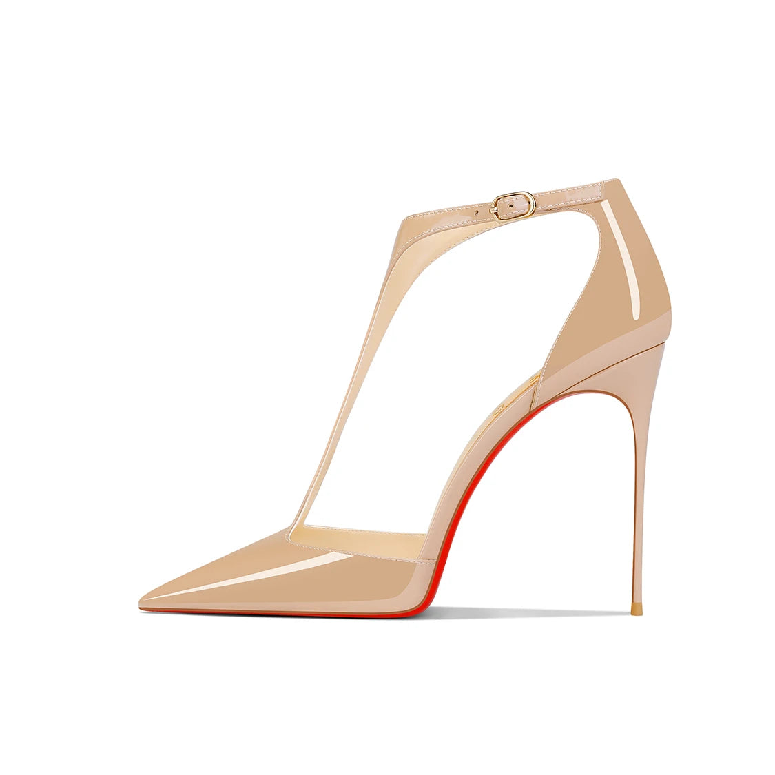 New pointed shallow mouth patent leather T-shaped buckle strap single shoe with feminine temperament, slim heel high heels heels_stiletto