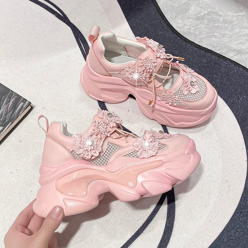 Women Platform Casual Breathable Crystal Flower Shoes Summer Chunky Sneakers 7.5CM Hidden Heels Hollow Leisure Shoes Woman sneakers_platform