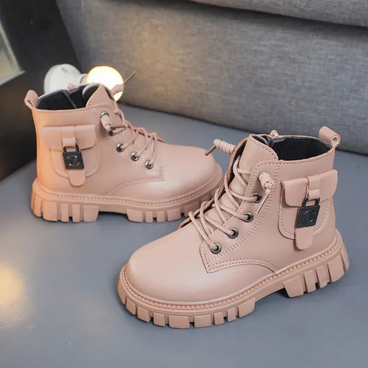 Children Leather Boots Girls Fashion Autumn Winter New Casual Comfortable Short Boots Warm Kids Versatile Anti-slip Cotton Boots