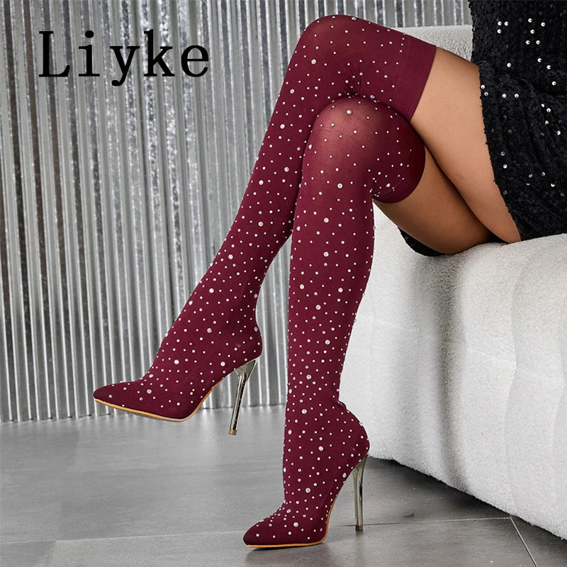 Liyke Sexy Pointed Toe Crystal Rhinestone Stretch Fabric Thigh High Boots Women Thin Heels Over The Knee Socks Shoes Size 35-43 boots_highheel