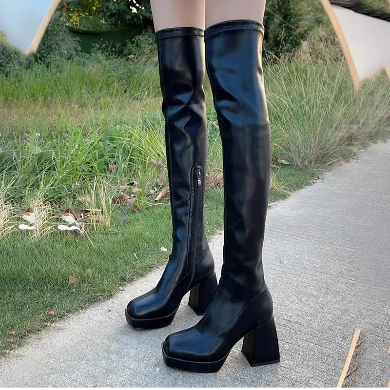 Autumn Winter Street Style Stretch Over The Knee Boots Women Fashion Round Toe Square Platform Heels Long Booties boots_platform