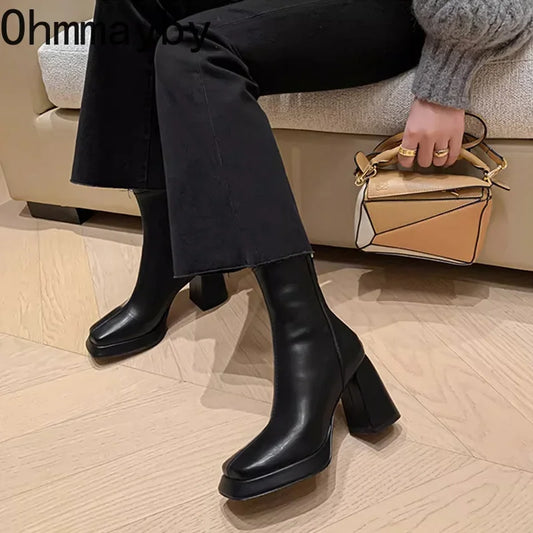 Vintage Square Toe Women Ankle Boots Fashion Back Zippers Short Booties Autumn Winter Laides Concise Largas Booties boots_platform