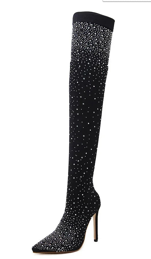 Design Crystal Rhinestone Stretch Fabric Sexy High Heels Sock Over-the-Knee Boots Pointed Toe Pole Dancing Women Shoes boots_highheel
