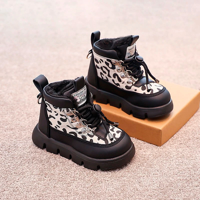 Leopard Fashion Snow Boots For Children Thick Warm Teenager Kid's Plush Boots Trend Fashion Boy's Girl's Warm Ankle Boots