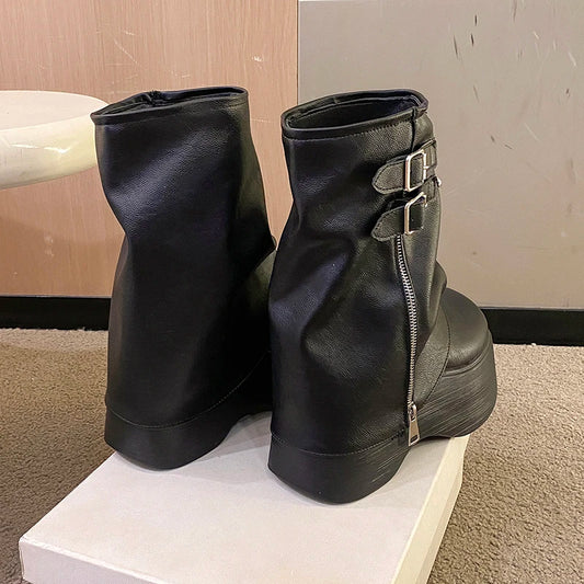 Soft Leather Ankle Mid Calf Boots Winter Autumn High Platform Wedge British Booties Woman New Ladies Chunky Motorcycle Boots 9CM boots_platform