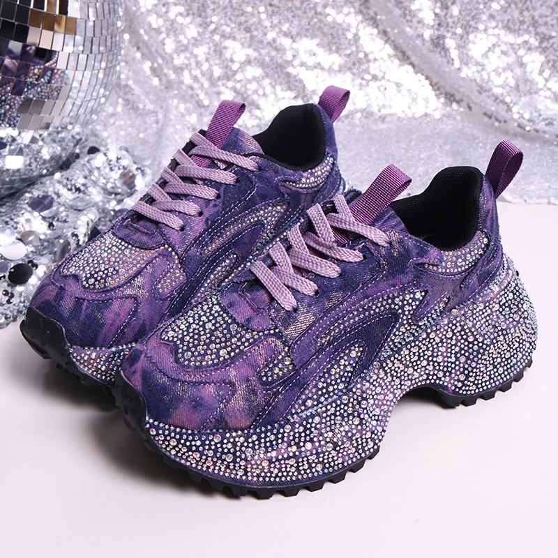 Luxury Rhinestone Chunky Sneakers for Women Fashion Purple Denim Platform Sports Shoes Woman Non Slip Thick Sole Vulcanize Shoes sneakers_platform