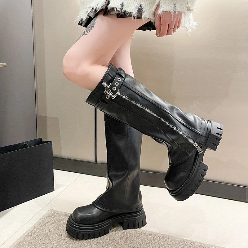 Winter Women Biker Boots Fashion Belt Buckle Ladies Elegant Platform Long Pipe Booties Casual Women's Knee High Booties2025 boots_platform