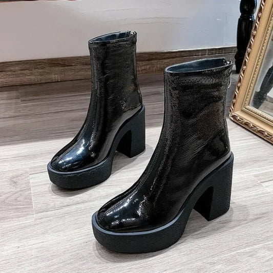 2025 New Platform Women Ankle Boots Leather Fashion High Heels Shoes Trend Designer Classic Chunky Pumps Goth Winter Botas Mujer boots_platform