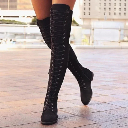 Six Colors Casual Women's Boots Low Heels Flock Winter Over Knee Boots for Woman 2026 Lace Up Fashion Female Thigh High Boots boots_highheel