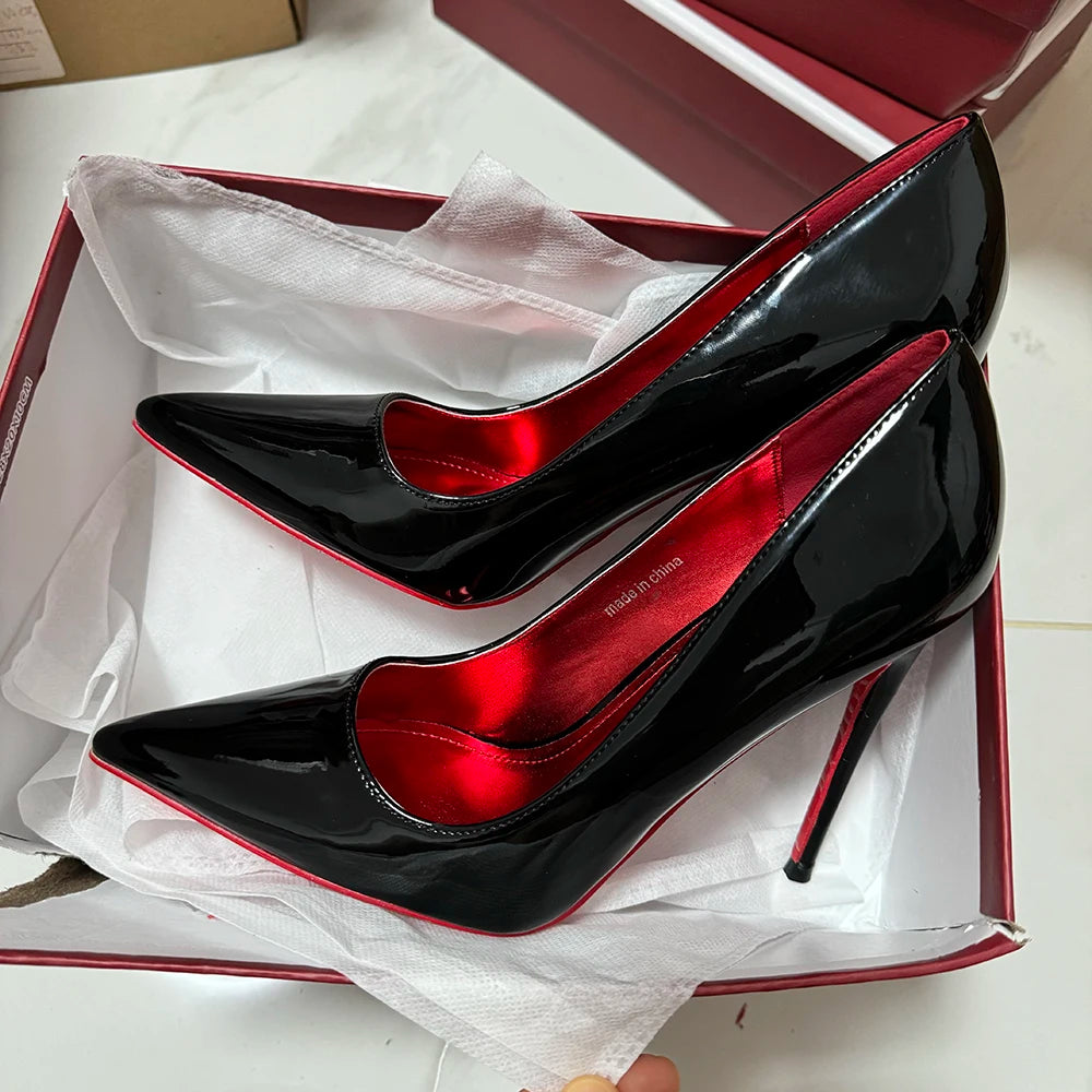 Newly 12cm Women Sexy Glossy Black Patent Pumps Shallow Stilettos Elegant Slip On High Heels Pointed Toe Party Woman Dress Shoes heels_stiletto