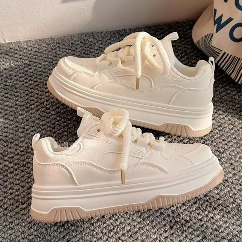 Round-toe Lace-up Casual White Thick-soled Vulcanized Shoes Seasonal New Comfortable Flat-soled Fashion Sneakers sneakers_women